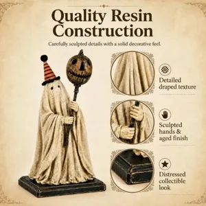 Figurine de fantôme vintage en résine avec bâton citrouille et détails faits à la main