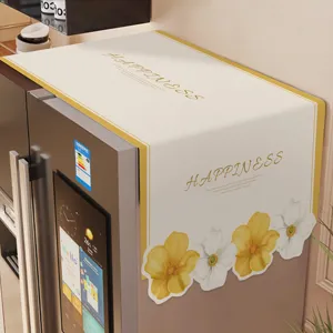 Cream style refrigerator dust cover with floral and happiness print top cloth protector.