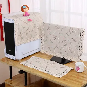 Leinen Computer Staubschutzhülle Set mit Spitzenrand und Blumenmuster für den Schreibtisch.