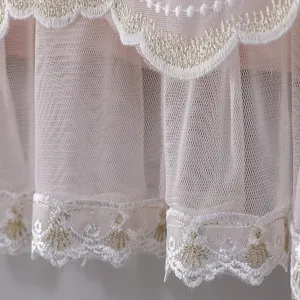 Detailed view of pink mesh lace air conditioner dust cover with elegant embroidery trim.