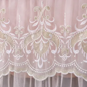 Pink lace air conditioner cover detail showing exquisite white and gold embroidery on soft mesh.