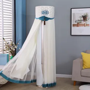 Standing cylindrical air conditioner cover with white mesh curtain dustproof home decor aesthetic