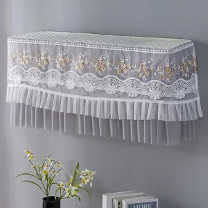 Grey lace air conditioner dust cover detail, elegant floral embroidery for home bedroom.