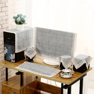 Graue Leinen Computer Staubschutzhaube Set mit Spitzenbesatz, elegant Büro Schreibtisch Deko.