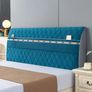 Thickened quilted headboard cover with storage pockets, soft protective dustproof bed back slipcover.