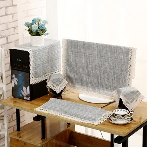 Graue Leinen Computer Staubschutzhülle Set mit weißer Spitze für Monitor und Host Tisch.