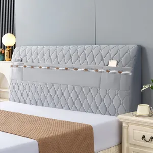 Velvet Headboard Cover Quilted Dustproof Headboard Slipcover Stretch Bed Backrest Protector With Storage Pocket Home Decor
