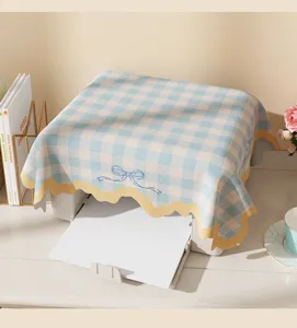 Blue white plaid printer dust cover with cute bow and yellow scallop edge aesthetic fabric.
