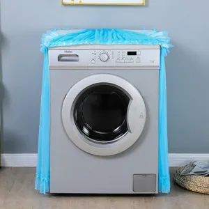 Blaue Spitzen-Waschmaschinen-Staubschutzhülle Detailansicht, elegantes Haushaltsgerät-Schutzzubehör.