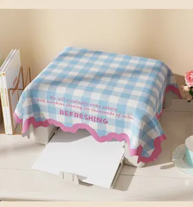 Blue and white checkered printer dust cover with pink scalloped edge aesthetic style