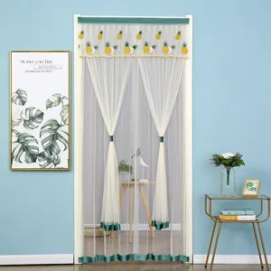 Mesh anti-mosquito door curtain with cute pineapple embroidery and elegant green lace header.
