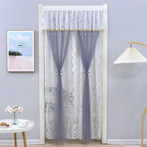 French lace door curtain featuring elegant white lace and grey gauze panels with delicate tassels.