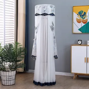 Vertical cylindrical air conditioner dust cover with elegant blue swan embroidery mesh fabric.