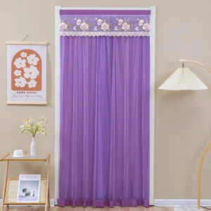 Purple mesh door curtain with floral embroidery and lace, ideal for bedroom room decor.