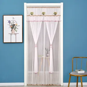 Cortina de puerta de malla de doble capa anti mosquito encaje floral blanco