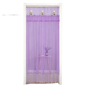 Cortina de puerta de malla de doble capa morada, mosquitera con bordado, fácil instalación.