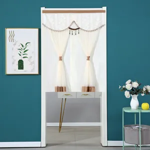 Double layer lace door curtain with lace trim tie back room divider curtain decor