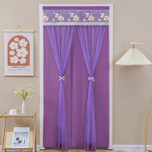 Purple fabric door curtain with lace floral sheer valence, elegant room divider and mosquito screen.