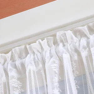 White lace half curtain detail view showing delicate pleats and sheer fabric texture