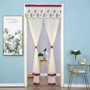 Detailed view of the double-layer lace door curtain featuring elegant pineapple embroidery and trim.