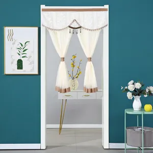 Detailed view of the double-layer lace door curtain with elegant brown trim and delicate sheer mesh.