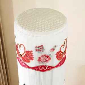 Vertical cylinder air conditioner cover with swan embroidery, white dustproof protector.