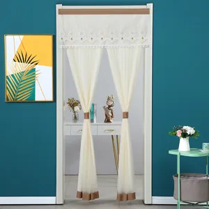 Elegant sheer door curtain with lace embroidery and brown trim for home partition.