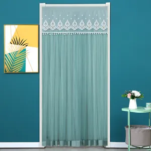 Sheer doorway curtain with lace embroidery, elegant room divider for bedroom, kitchen and bath