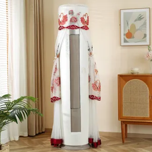 Elegant white lace standing air conditioner cover with red swan embroidery for home decor.