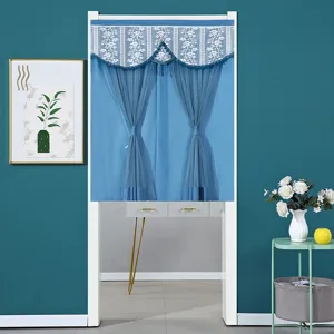 Blue double layer lace door curtain for home privacy, mosquito protection and room decor.