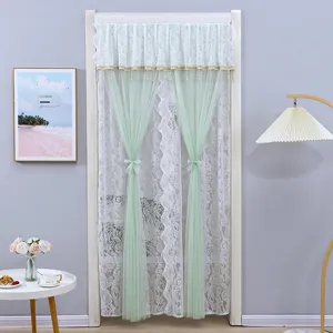 French lace door curtain detail, elegant sheer gauze room partition for home decor.