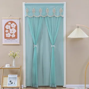 Teal lace mesh doorway curtain for bedroom partition, elegant embroidered floral sheer drape.