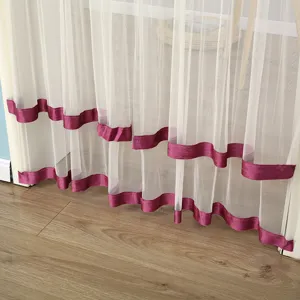 Double layer sheer lace door curtain detail view showing elegant purple satin trim.