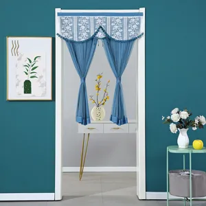 Blue double layer lace door curtain, privacy sheer room divider with elegant floral design.