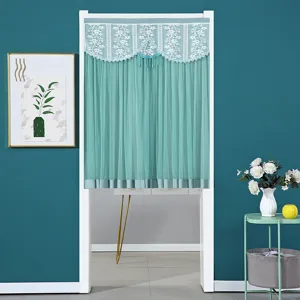 Double layer lace door curtain detail view, elegant teal fabric with floral lace trim.