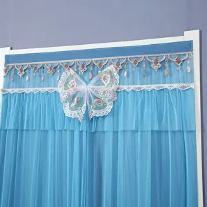 Blue lace gauze door curtain with elegant butterfly decoration, semi-transparent style.