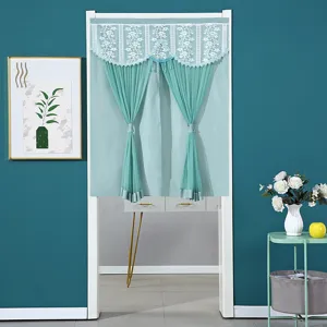 Teal double layer door curtain detail showing exquisite white lace valance and fabric texture.