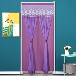 Purple door curtain with lace trim and tiebacks, perfect for room partition and decoration.