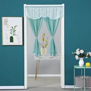 Double layer lace door curtain, fresh green room divider curtain for home privacy decor.