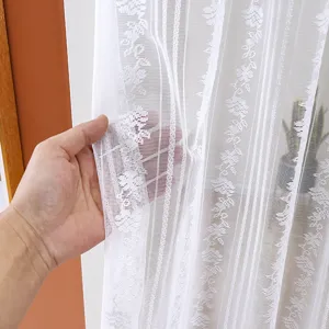 White lace short curtain detail view, showing delicate floral pattern and sheer mesh fabric.