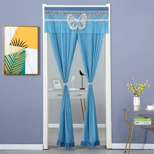 Blue sheer door curtain with butterfly lace embroidery, perfect for living room bedroom decor.