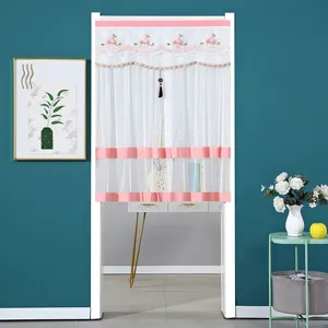 Double layer lace door curtain with pink floral embroidery, sheer fabric for home privacy.
