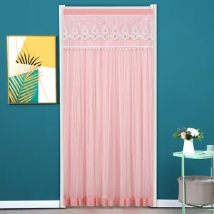 Pink sheer door curtain detail, elegant lace mesh partition for home room decor.