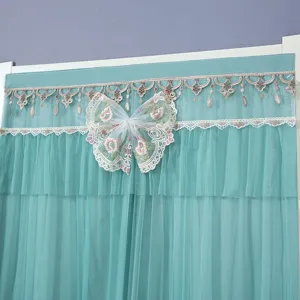 Beautiful teal lace mesh door curtain with elegant embroidery and large butterfly decor for room
