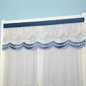 Blue velvet splicing white lace curtain with delicate daisy embroidery and scalloped border.