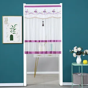 White double-layer lace door curtain with purple floral embroidery and tassel for home decor.