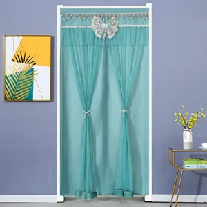 Elegant turquoise mesh door curtain with delicate butterfly lace trim for home room decor.