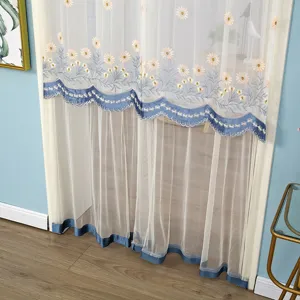 Close-up detail of sheer mesh door curtain featuring delicate daisy embroidery and blue velvet trim.