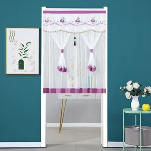 Detailed view of white and purple double layer lace door curtain with delicate floral embroidery.