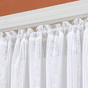 White lace sheer curtain detail view, delicate floral vertical stripes, elegant window panel.